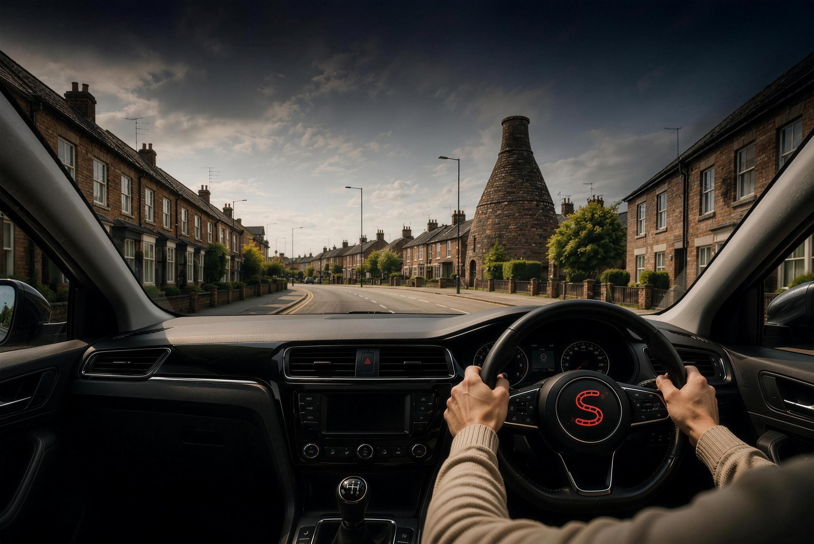 The view from the driver's seat of a learner car on a Stoke-on-Trent terraced street, a bottle kiln rising ahead against a heavy sky.